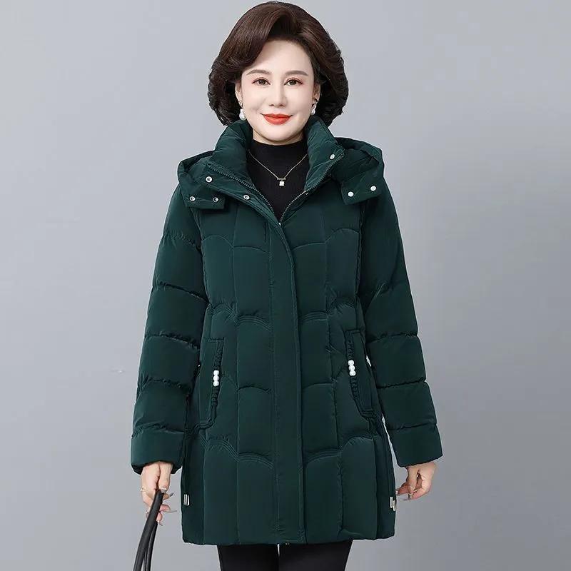Women's Winter Thickened Hooded Parkas Quilted Long Pockets Middle Aged Female Overcoat