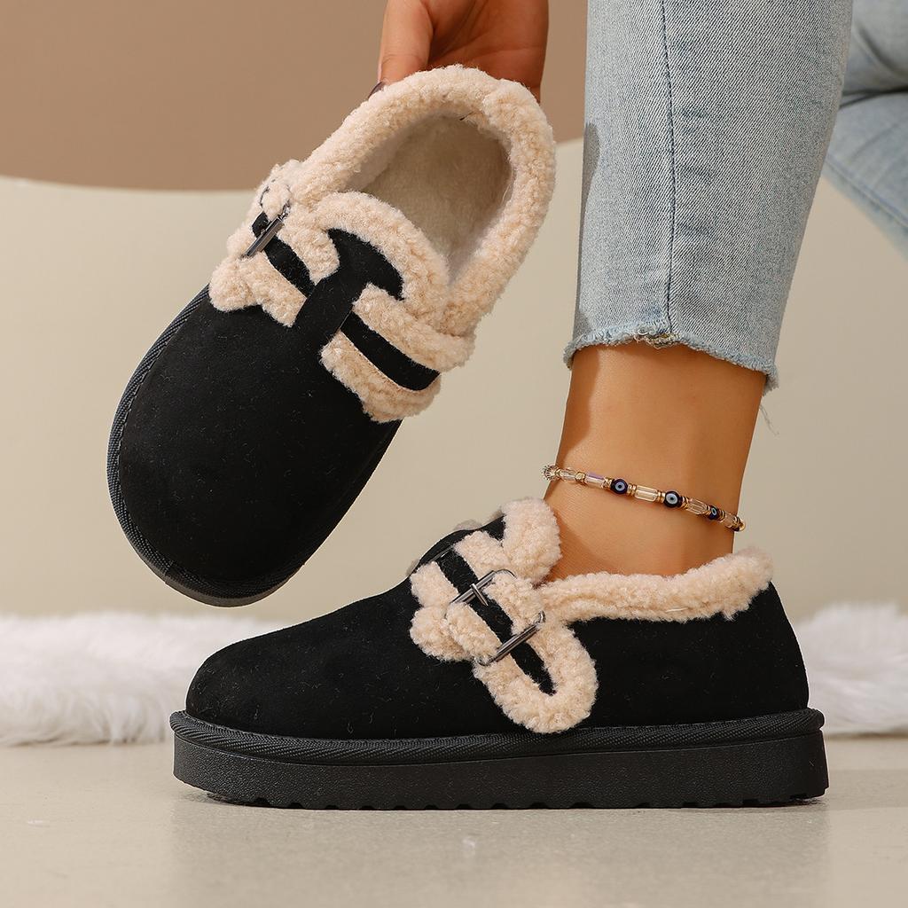 Fashion Retro Lined Snow Boots New Women's Slip-On Slippers Roman Style Rubber Sole Long Plush Inner Thick Heel Shoes Loafers with Fur