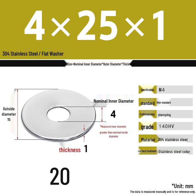 304 Stainless Steel Thickened Flat Washer Set, Sizes 2-36