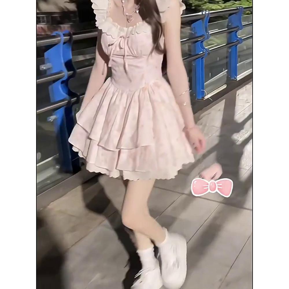 Skirt Junior High School Girls Dress Summer Cute Age Reduction Sweet Floral Square Neck Pink Fluffy Student Waist