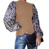 Women Autumn Winter Mock Neck Sequins Patchwork Long Puff Sleeve Blouse Shirt Top