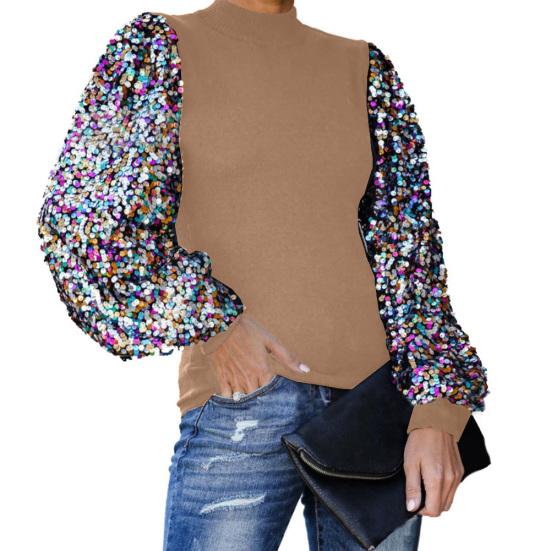 Women Autumn Winter Mock Neck Sequins Patchwork Long Puff Sleeve Blouse Shirt Top