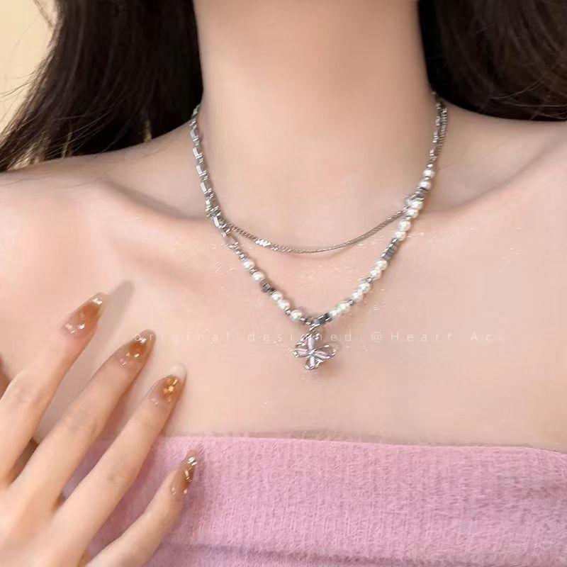 Opal Hollow Butterfly Double Layer Pearl Necklace Women's Niche Premium Sense Versatile Clavicle Chain Sweet Cool Spice Girl Accessories