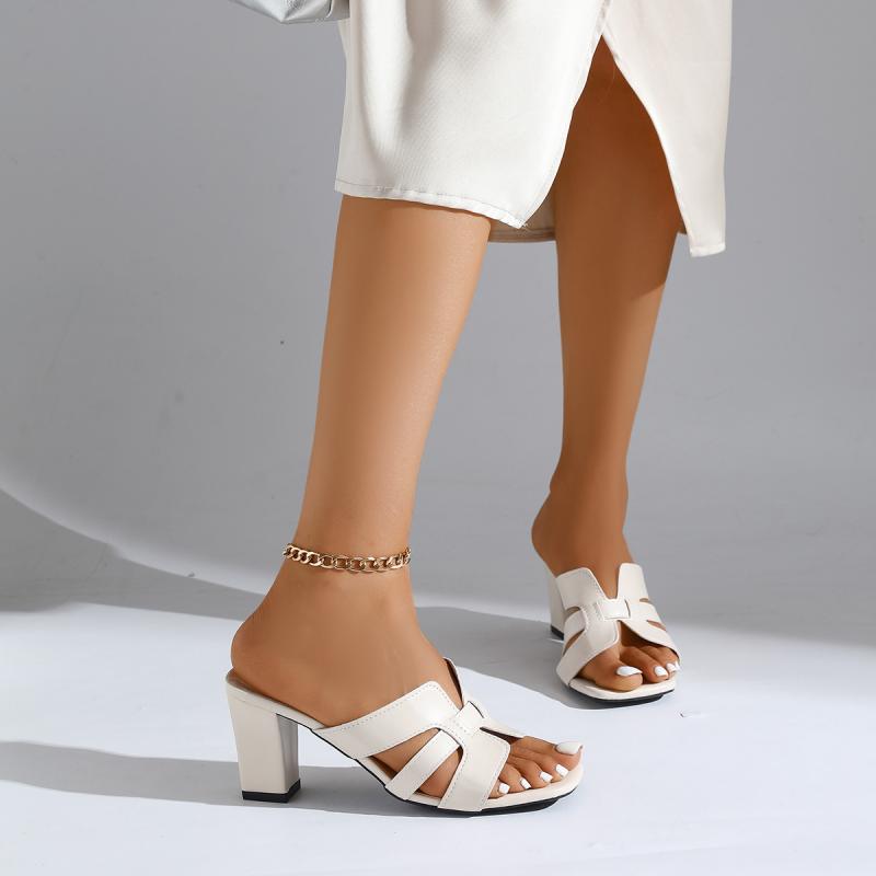 Elegant Square Toe Gladiator Sandals Mujer Women 2025 Summer White High Heels Slippers Women Sexy Slip On Party Dress Shoes
