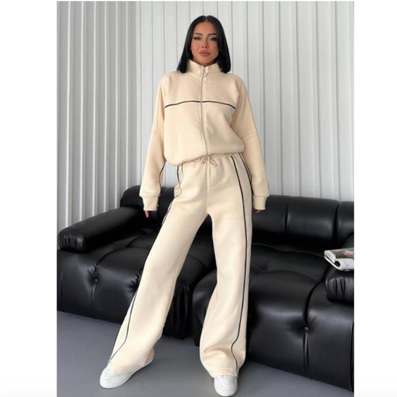 Women's 2-Piece Casual Sports Suit: Long-Sleeve Half-Turtleneck Cardigan Sweater + Lace-Up Striped Pants