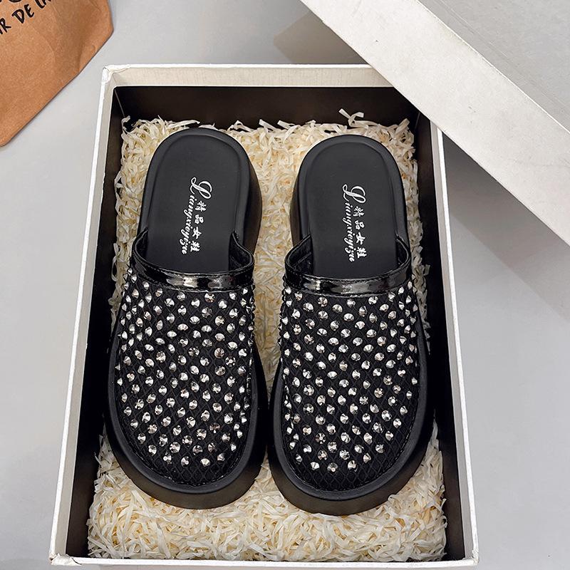 

Small thick-bottomed rhinestone baotou half slippers women s summer new fishing net hollow breathable cool slippers women 35