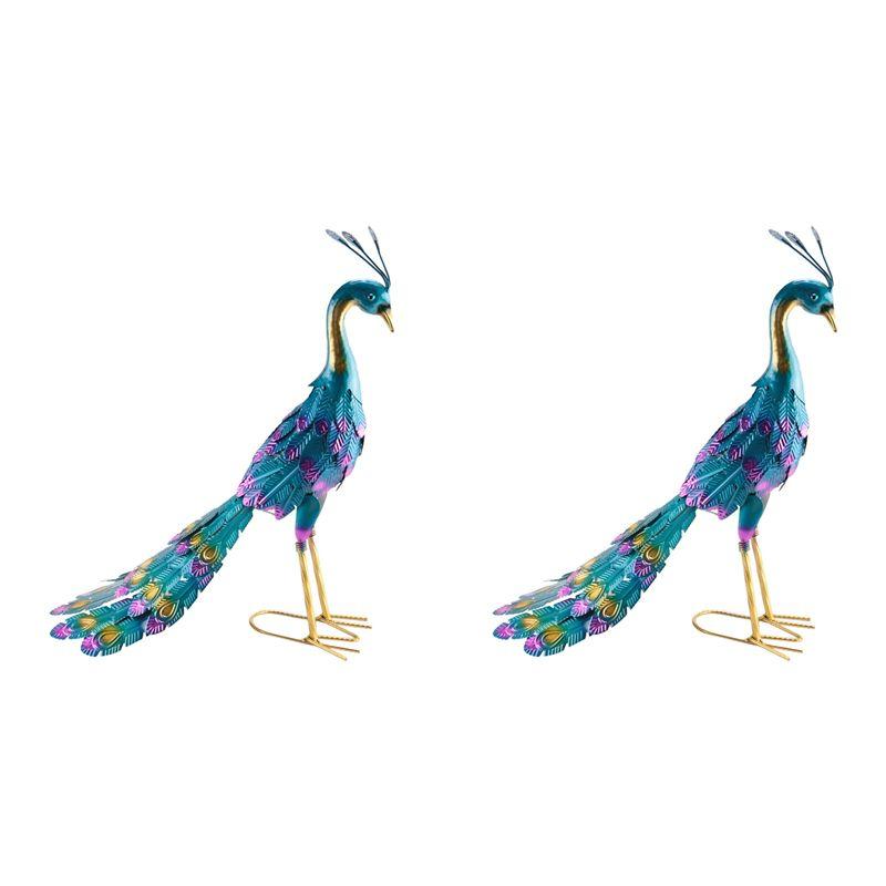 Premium-2X Multicolor Metallic Peacock Statue Metallic Peacock Statue Outdoor Garden, Patio, Deck, Porch-Yard Art Decoration