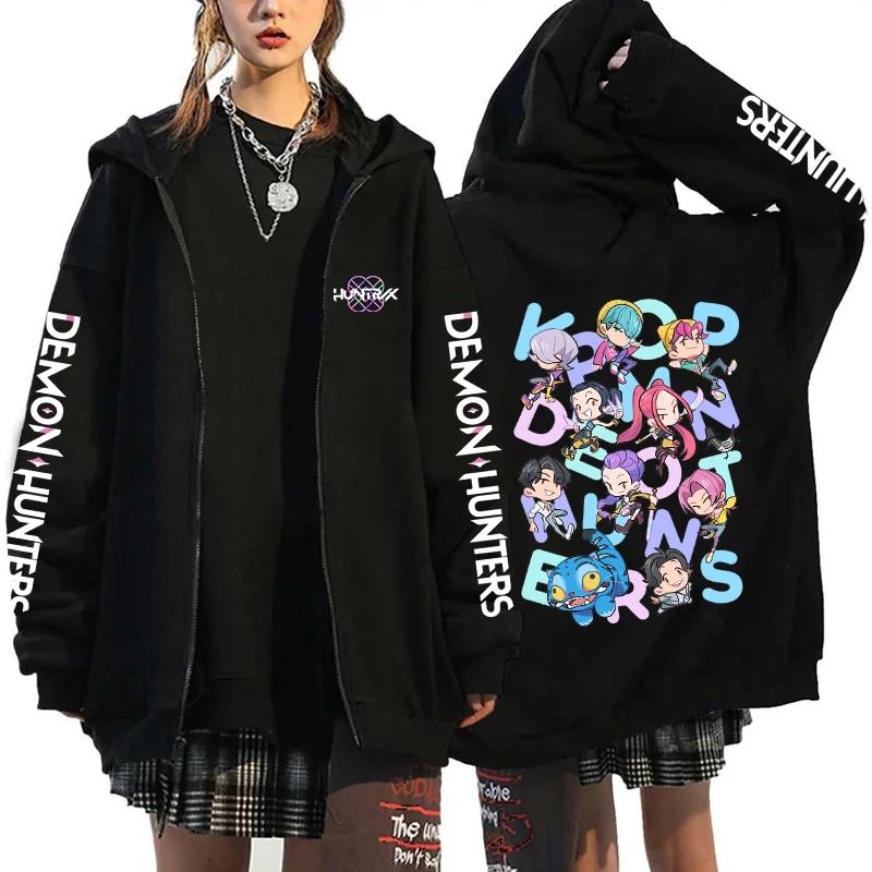 Hot Kpop Demon Hunters Printed Hoodies Hip-hop Zipper Hoodies Autumn Winter Streetwear Sweatshirt Women Men Long Sleeve Zip Coat