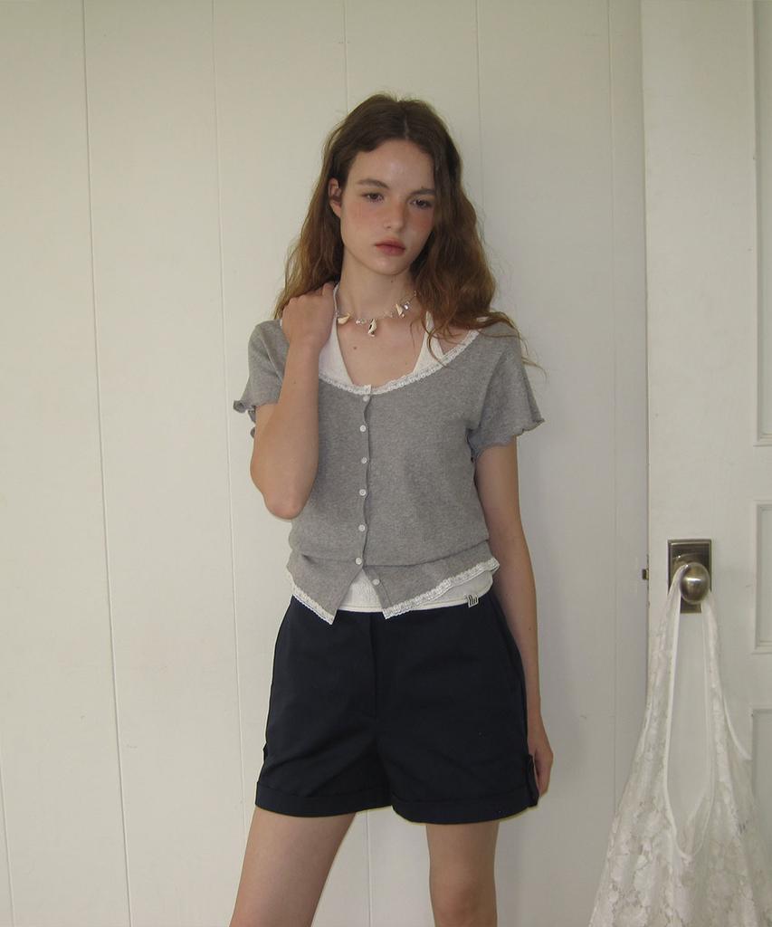 Eopaeleolakaibeu Canny Punching Lace Mini Cardigan - Gray