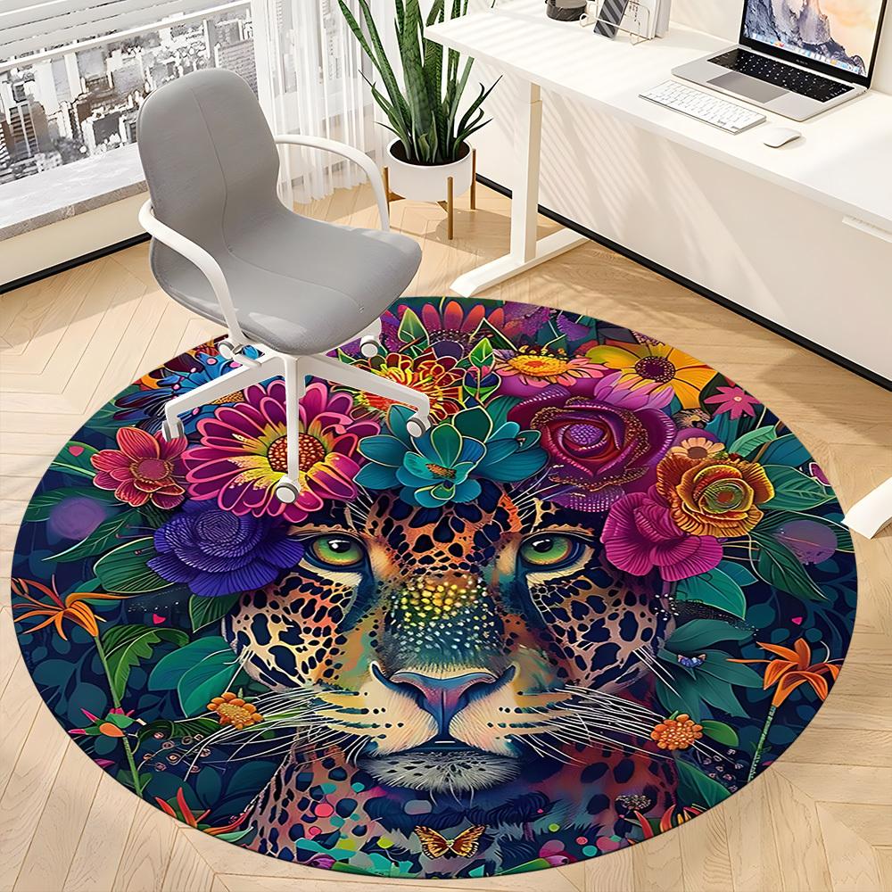 1 Stück Floraler Leopardenmuster Stuhlteppich für das Büro, Runder Rutschfester Langlebiger Großer Büroteppich, Geeignet für das Büro