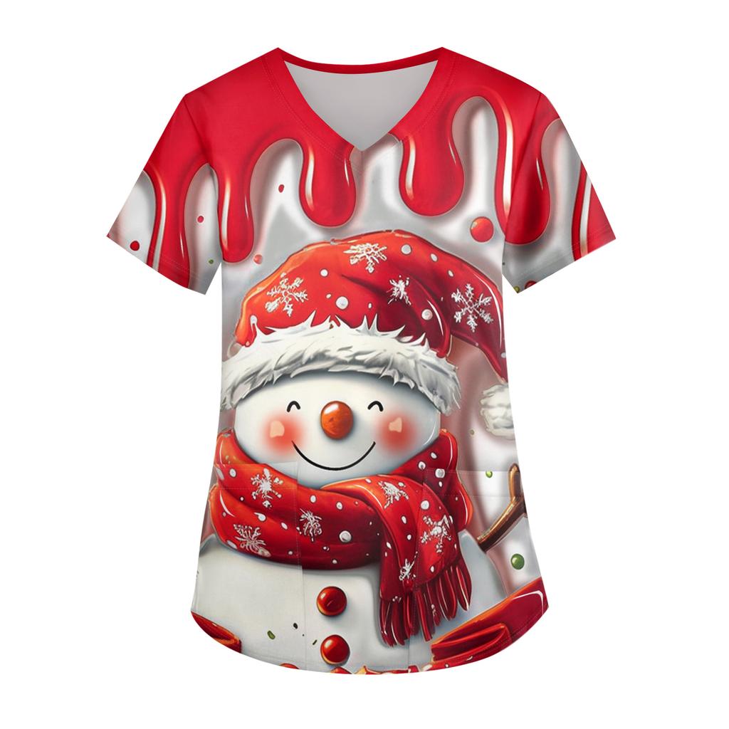 Ladies' Christmas Printed Fashionable V-neck Pocket Short Sleeved  Uniform And Caregiver Top