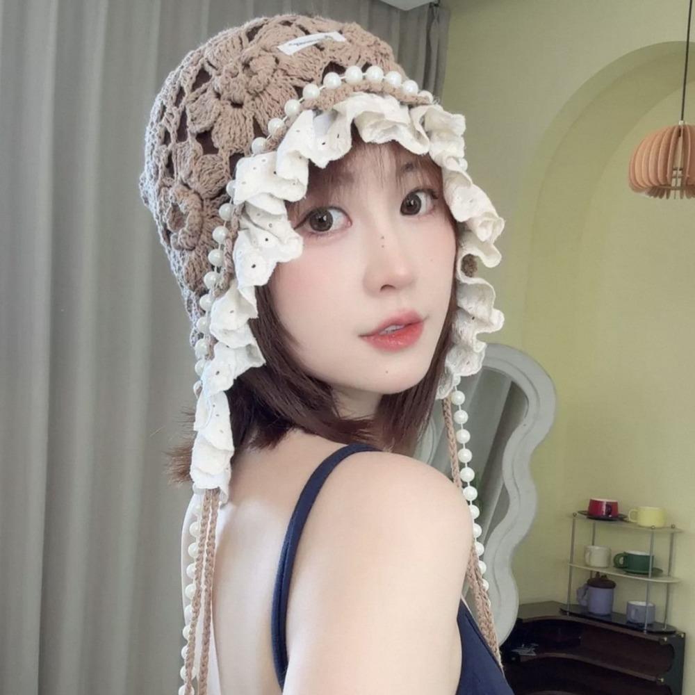 Hand-knitted Knitted Pearl Lace Beanies Breathable Fringed Hollow Flowers Hat Soft Bohemian Style Crochet Hat
