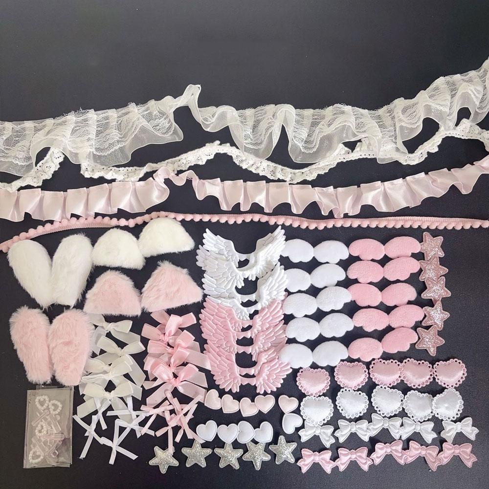 DIY Plush Ribbon Lace Trim Handmade Material Kit Angel Wings Plush Bunny Ears Bow Heart Star Handmade Colorful Material Pack Set