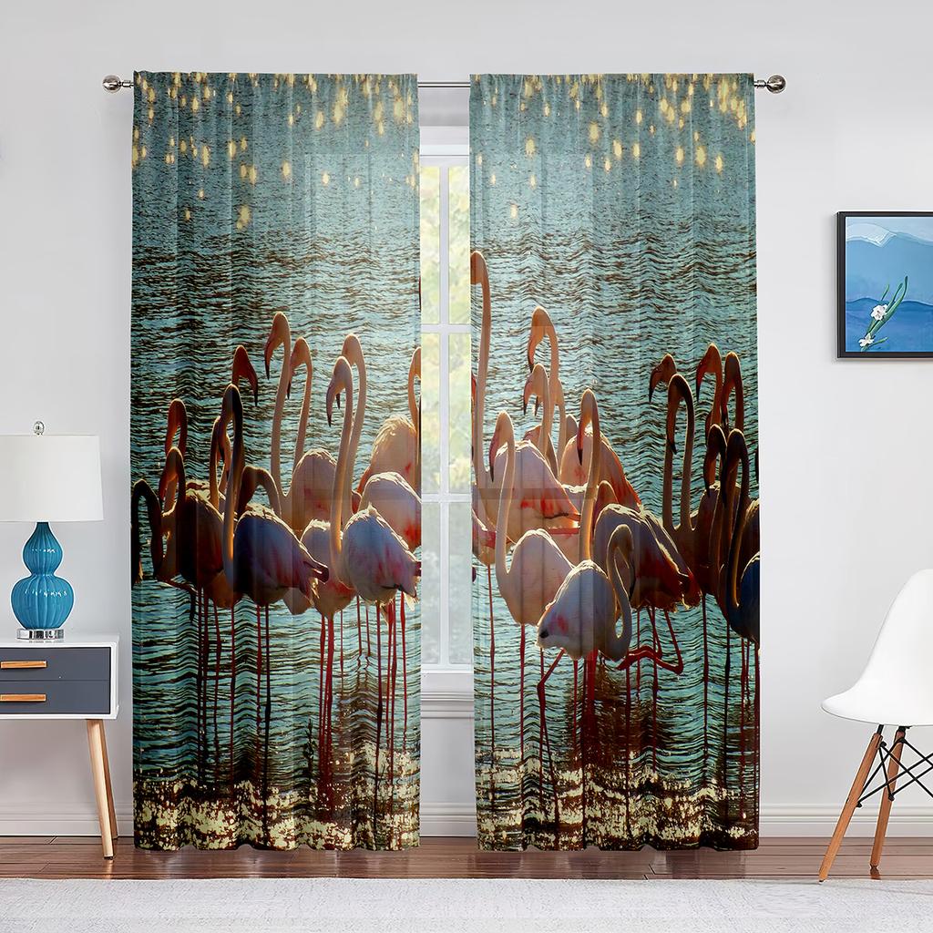 Flock Pink Flamingos In The Water Sheer Voile Curtains for Living Room Bedroom Kitchen Window Drapes Chiffon Tulle Curtain Decor