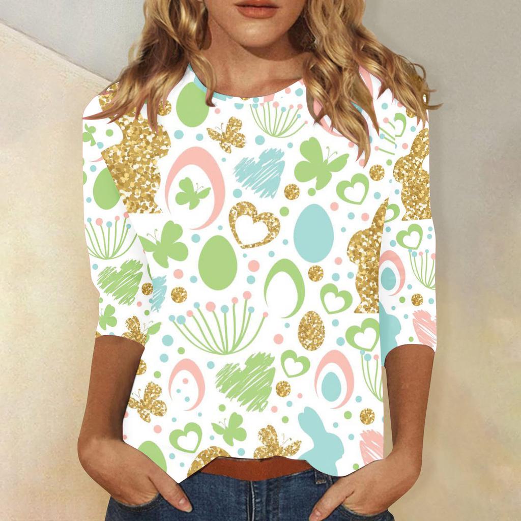 Round Neck 3D Rabbit Festival Printed Top Fashionable Casual Long Sleeved Women's T-shirts