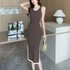Korean Contrasting Colors Midi Dress Women's Slim Stylish Splice Summer Sleeveless Elegant Split Basic Knitted Sundress
