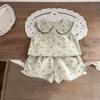 New Korean Version Girl Baby Pure Cotton Floral Doll Collar Cardigan Shirt Loose Bread Shorts Set