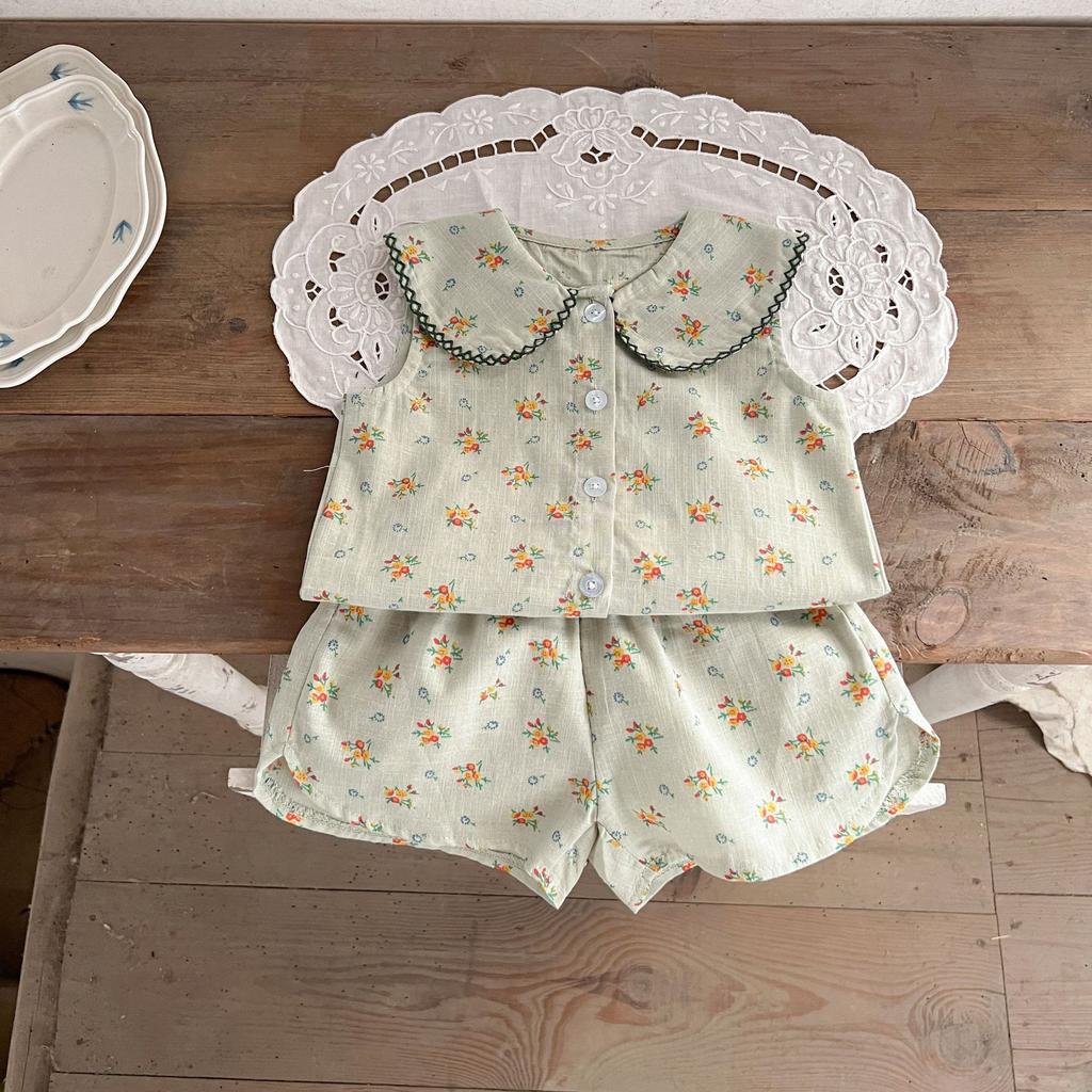 New Korean Version Girl Baby Pure Cotton Floral Doll Collar Cardigan Shirt Loose Bread Shorts Set