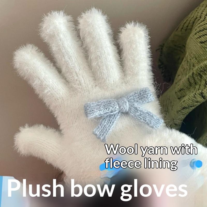Cute Sweet Bow Pom-pom Plush Gloves Cold-Proof Gloves Student Winter Warm Five-finger Gloves Women Fashion Accessories Xmas Gift
