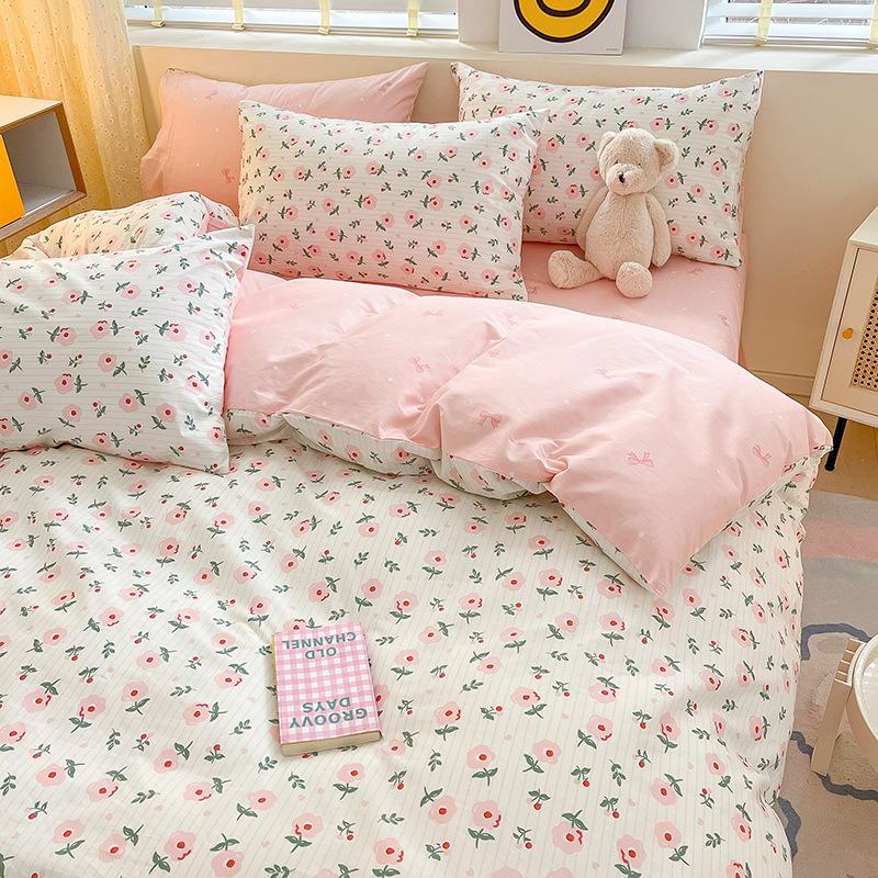 Juego de cuatro piezas de algodón puro de 60 hilos, cama gruesa de algodón puro, juego de tres piezas, algodón de fibra larga, funda de edredón pequeña y fresca, sábana ajustable