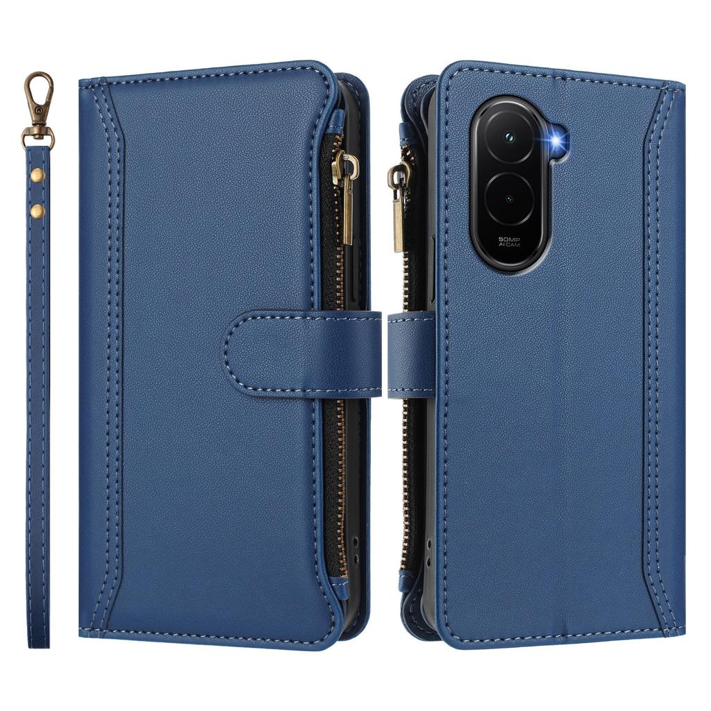 For Xiaomi Poco M7 Plus 5G/M7 4G (169mm) Leather Case 9 Card Slots Zipper Wallet Stand Phone Cover with Wrist Strap