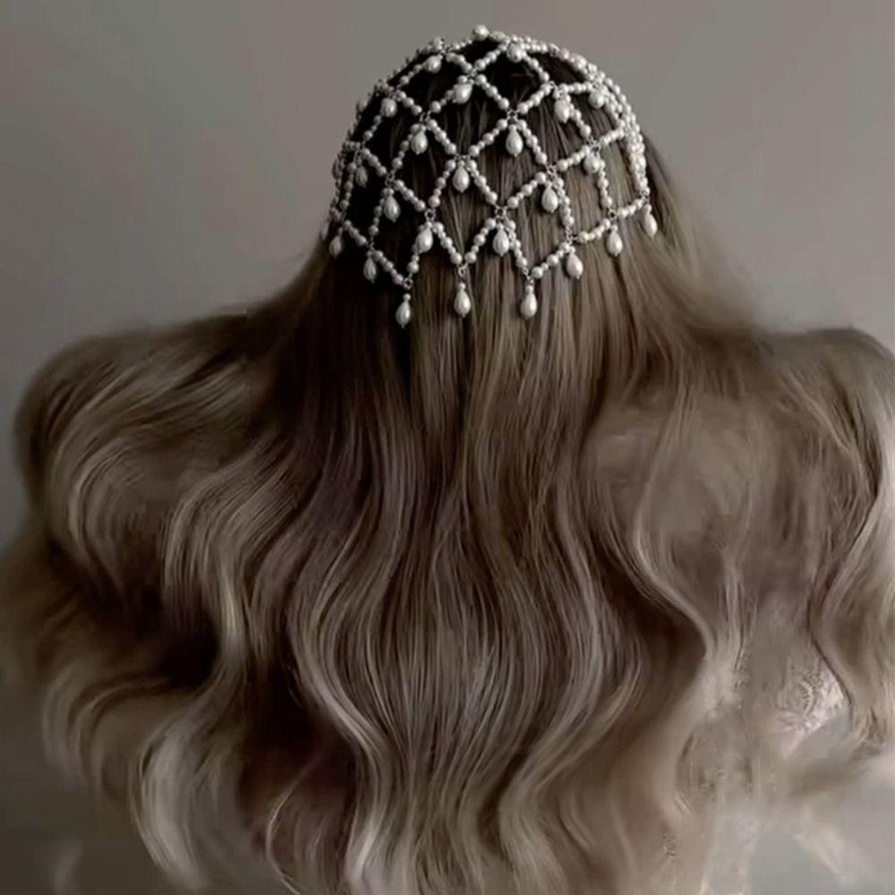 Bar Mitzvah Crown Grid  Hair Band Rhinestone Bride Tiaras Pearl Princess Hair Band  Wedding