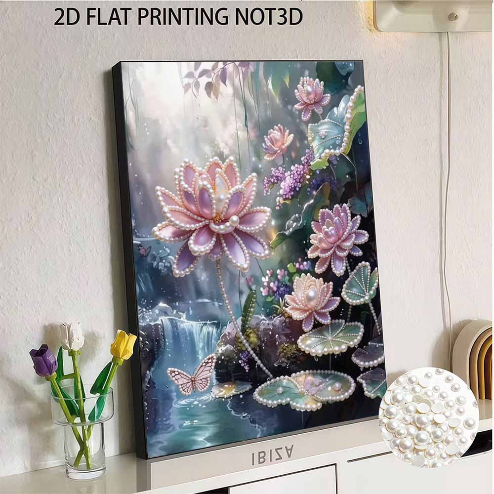 DIY 5D Lotus Pearl Art Kit No Frame Pearl Diamond Painting for Adults 30x40cm Floral Gem Art for Home Wall Decoration & Craft Gift