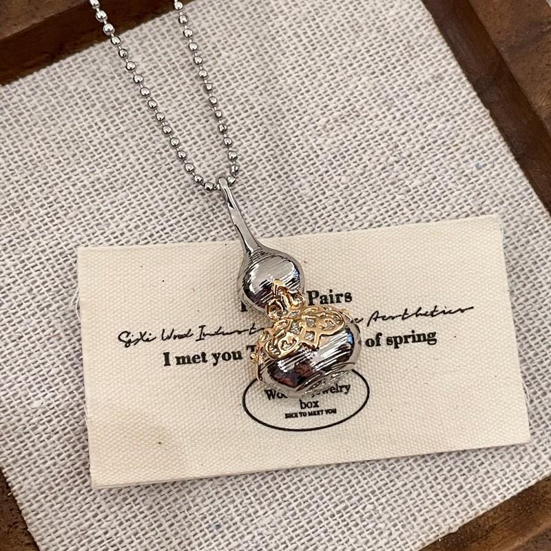 Chinese Retro Silver Gourd Necklace with Gold Hollow Carved Details - Clavicle Sweater Chain