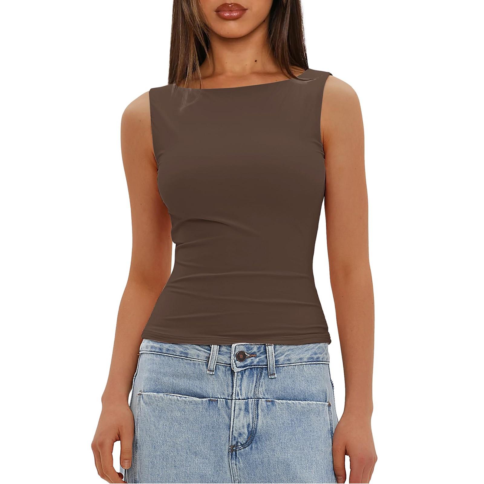 Maglietta senza maniche, casual e attillata, da donna, modello outwear S marrone