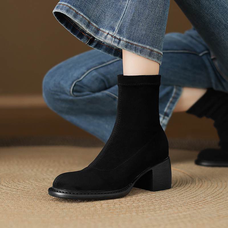 Krazing Po Flock Winter Round Toe Size 33 Western Boots Size 43 Thick High Heels Concise Style Ankle Boots