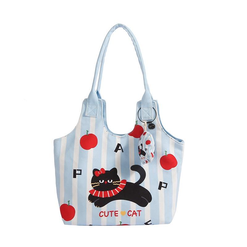 Cartoon cute handbag canvas newspaper shoulder carry big cloth bag student tutoring bag tote bag file bag