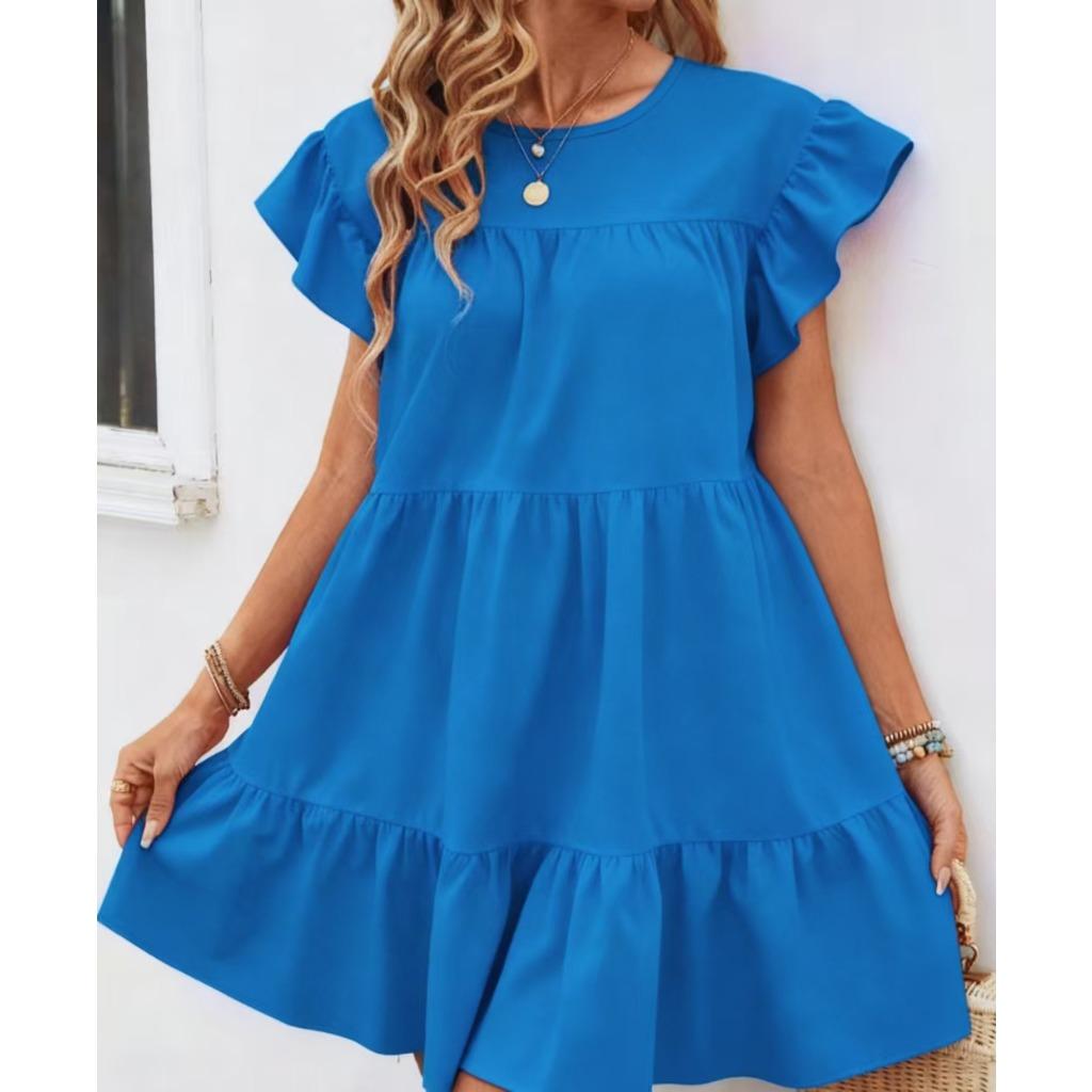 Summer Women's Loose Pleated Short-sleeved Dress, Solid Color Casual One-piece Short Skirt Dress