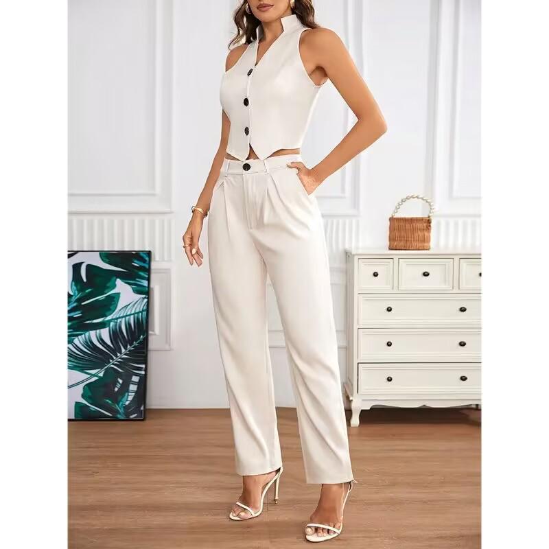 Spring/Summer Sleeveless Top + High-Waisted Straight-Leg Pants Women's Two-Piece Set
