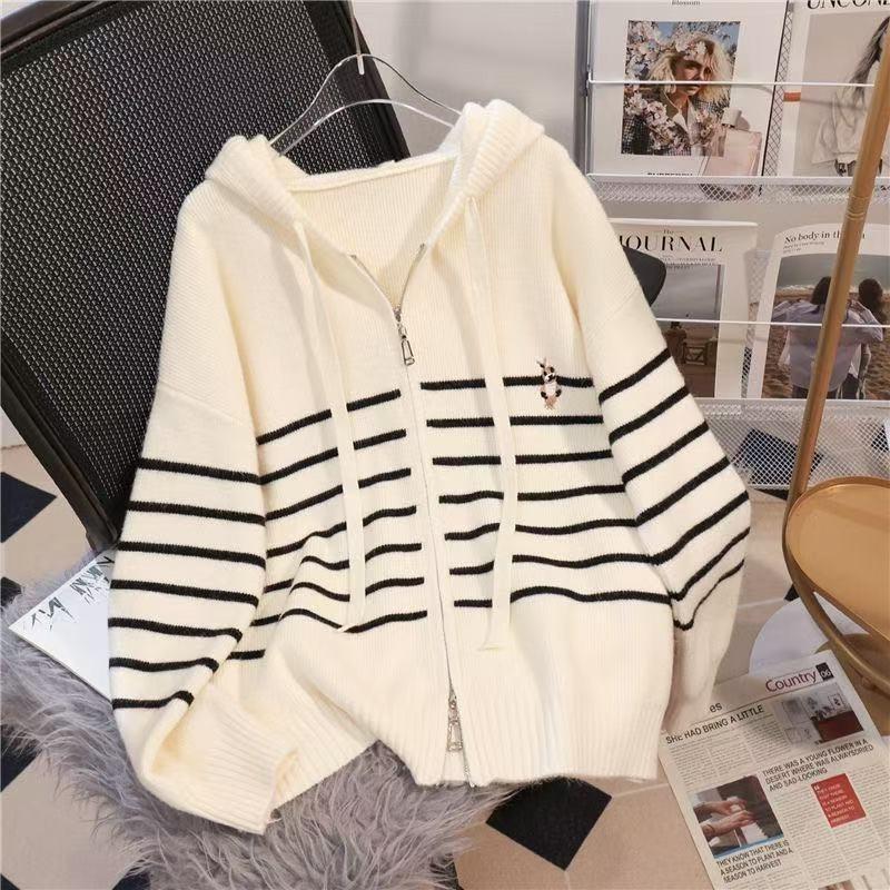 

Loose striped hooded zipper knitted cardigan women s autumn and winter new lazy wind thick sweater jacket S/80-90