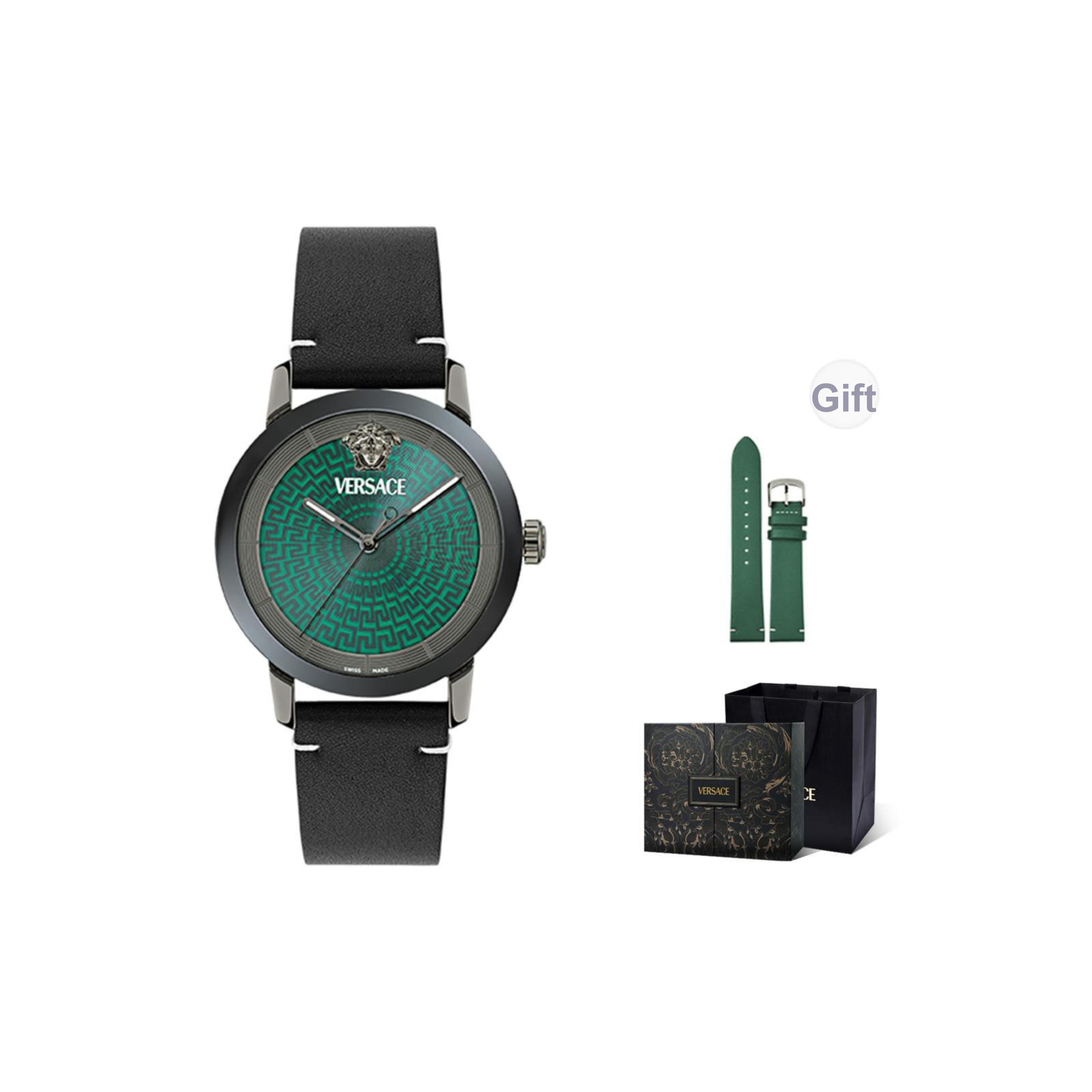 

Versace Quartz Watch Leather Strap 40mm Green Dial Casual Fashion Waterproof Couple Watch Men watches VE9G00224 Green[Ink Floral Box+Belt]
