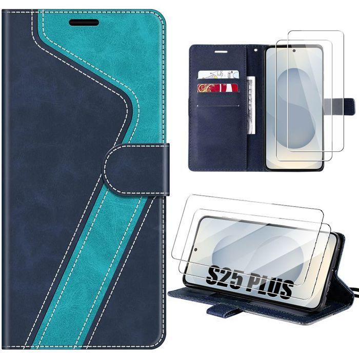 Coque de protection - BOOLING - Samsung Galaxy S25 Plus - Effet Cuir Bleu - 2 Verres Trempés - Pliable