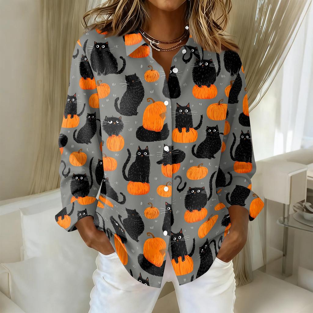 Women Button Down Shirt Halloween Pumpkin Print Turn Down Collar Long Sleeve Casual Fit Blouse Top for Daily Wear