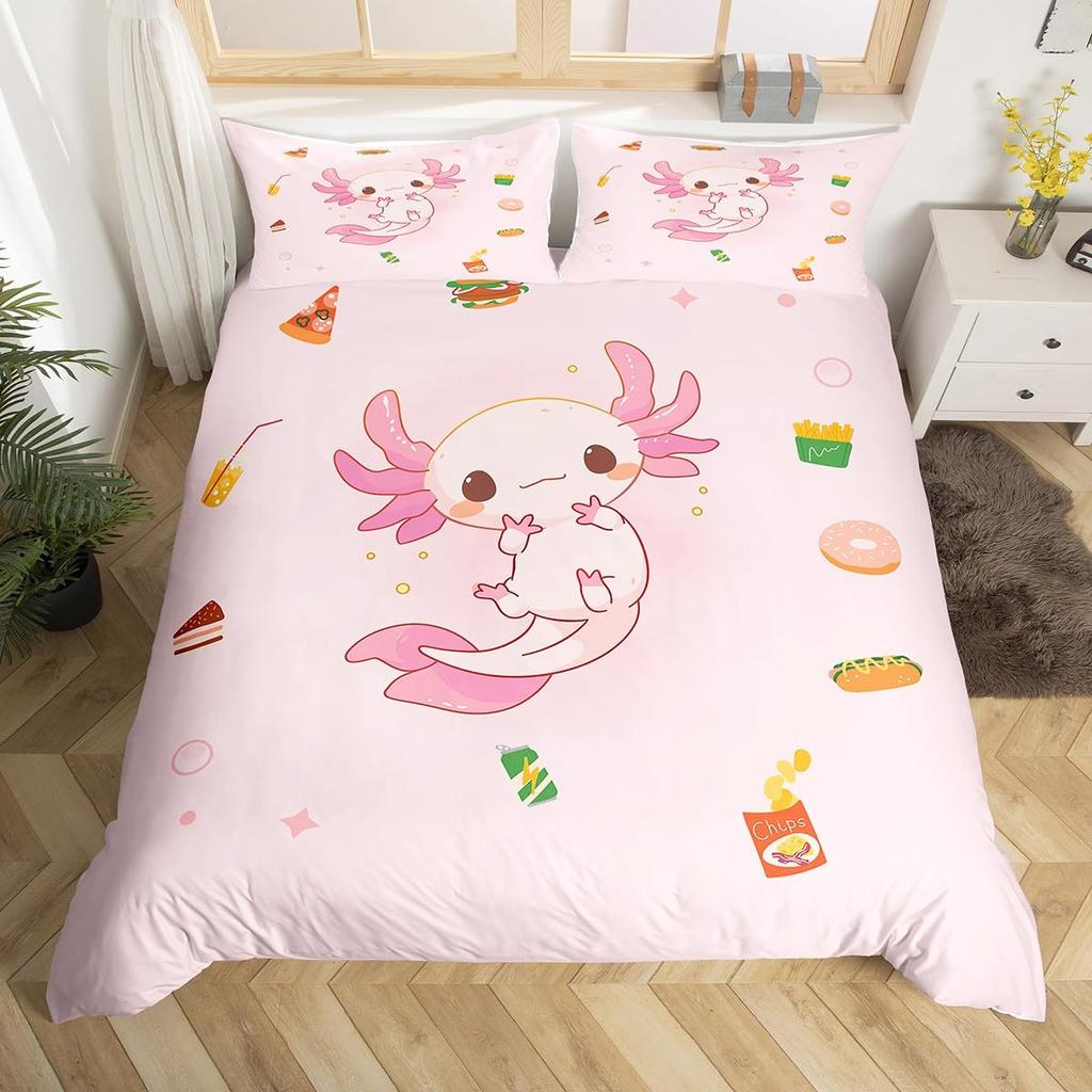 Cartoon Axolotl Bettbezug Queen Size, Sonnenblumen Bettwäscheset Niedliches Tier Botanisch Bettdeckenbezug Aquarell Gelb Steppdeckenbezug