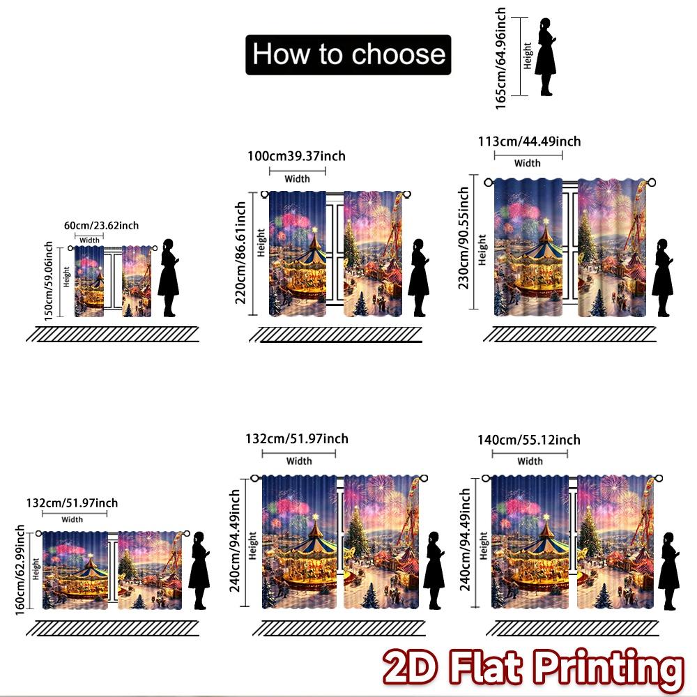 2D flat printing 2pcs Curtains Christmas Village Night Carnival Carousel Ferris Wheel Digital Printed Polyester Drapes Birthday