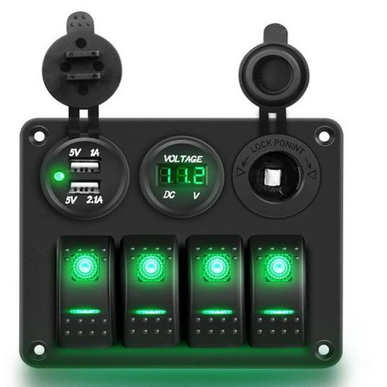 Pannello blu 4 in 1 per barca e auto: Interruttore + Caricabatterie + Voltmetro + Presa Accendisigari