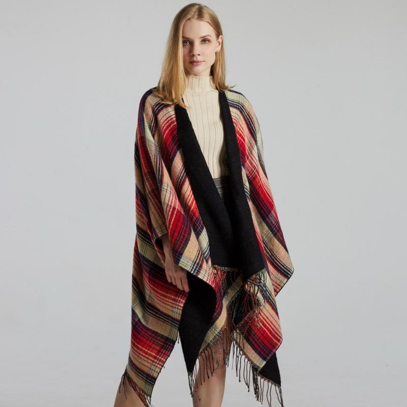Scottish Classic Plaid Tassel Thick Warm Split Shawl Cape
