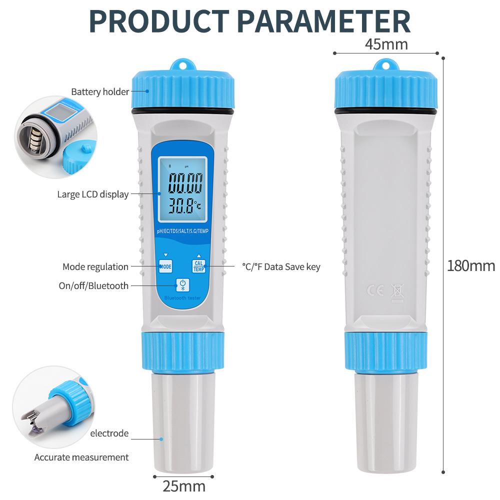 Bluetooth 6 In 1 TDS Meter Digital Water Tester EC TDS SALT SG Temperature PH Meter Aquarium Water Tester Pool Accessories