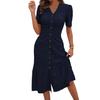 Women's Button Down Ruched Long Dress Casual Short Sleeve V-Neck Maxi Dress Summer Beach A-Line Swing Sundress