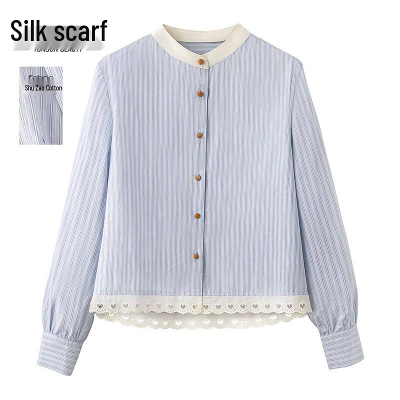 Women s French Style Lace Trim Stand Collar Color Block Blouse L