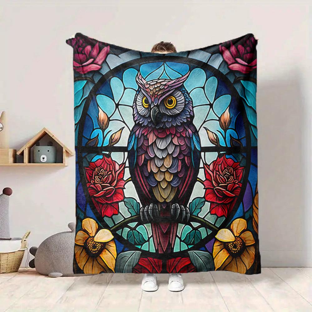 1pc Stained Glass Owl Lightweight Flannel Blanket, Comfortable and Warm Blanket, for Office and Camping Sofa Bed, Livingroom058