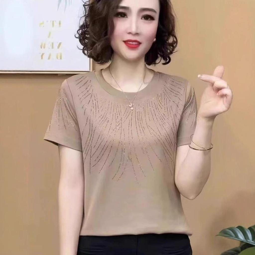 2025 Dámské letní tričko s kamínky: Lichotivý, Volný střih, Krátký rukáv plus size pro ženy středního věku