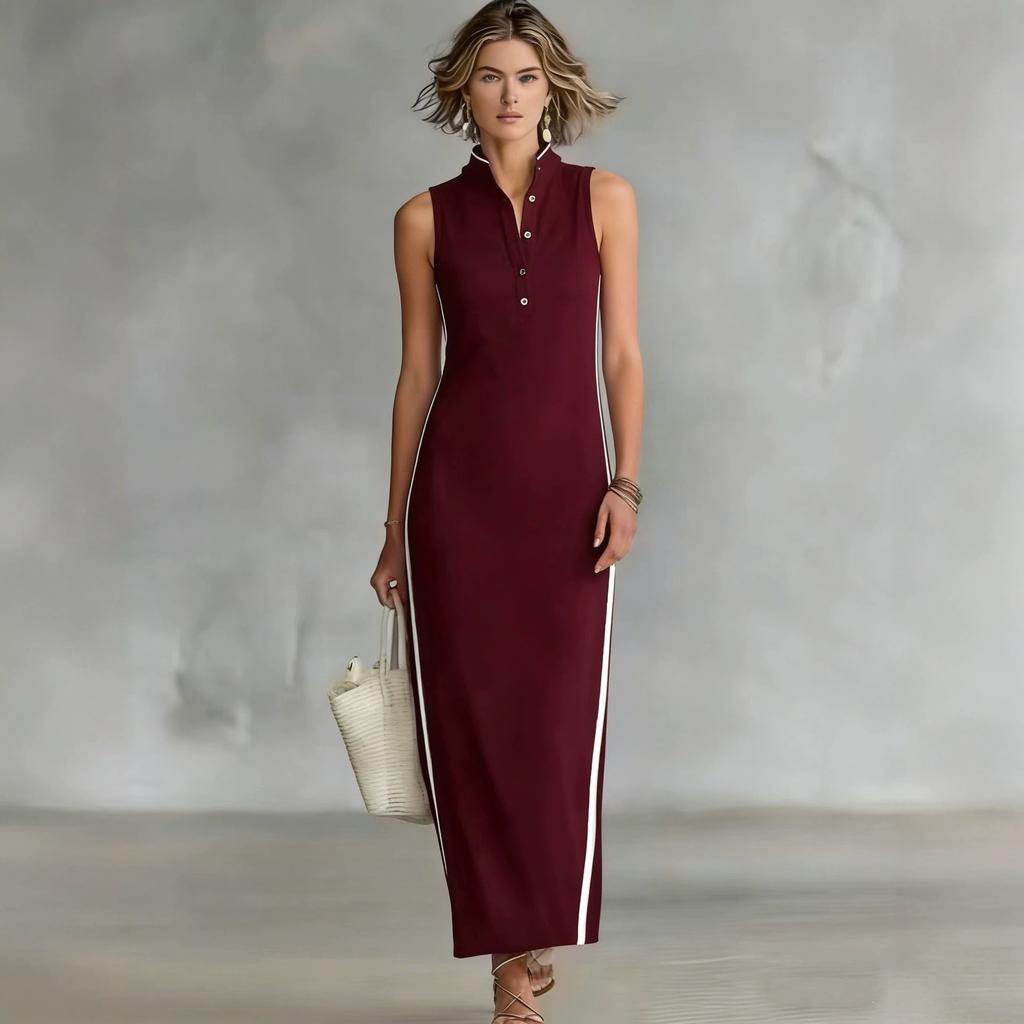 New women's style simple button-neck sleeveless long slim-fitting dress