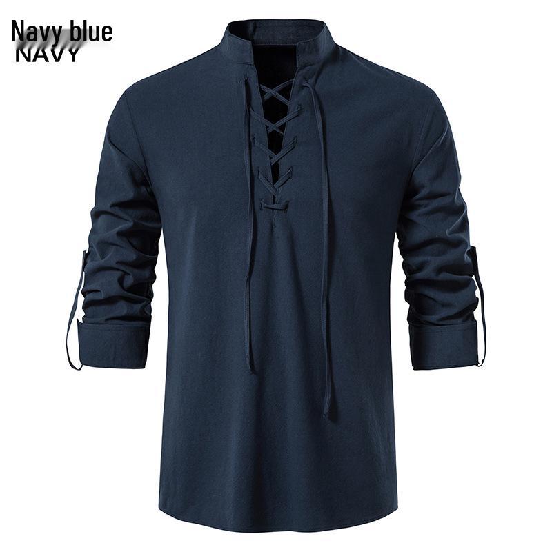 2024 Herren Baumwolle Henley Hippie Lässig Strand Langarm Stehkragen Hemd A275