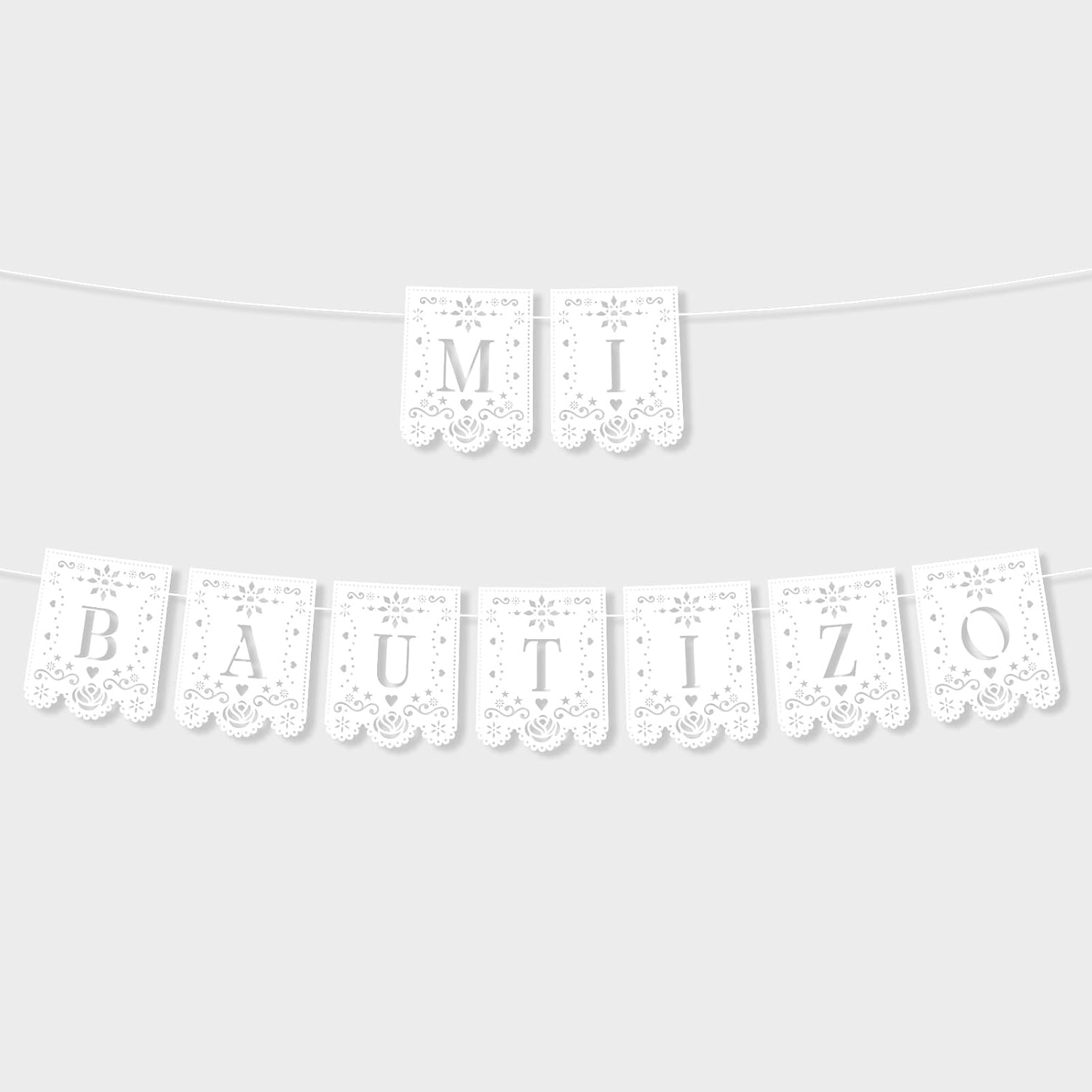 Mi Bautizo Banner, Pre-Threaded White Spanish My Baptism Papel Picado Banner First Holy Communion Decor for Religious Christening Party Backdrop