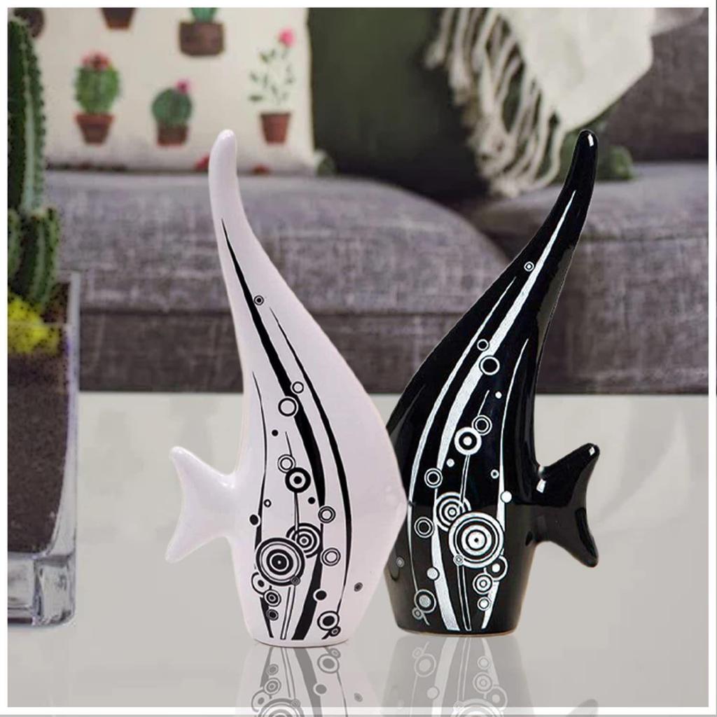 Modern Minimalist Black and White Bubble Fish Art Figure | Beautiful Home Decor- (Set of 2 Pc)